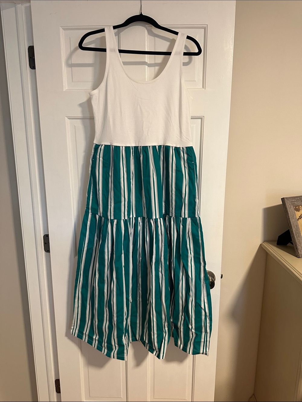 J. Crew White Tank Dress with Teal & White Striped Skirt